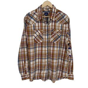 Old Navy Mens XL Brown Plaid Pearl Snap Button Shirt Long Sleeve Western Fit